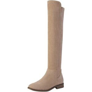 Women Khaki Suede Thigh High Over The Knee Flat Low Heel Long Round Toe Boots